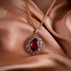 Luxury Ruby‑Diamond Halo Pendant Necklace on Satin Fabric
