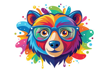 Colorful artistic bear in eyeglasses with colorful paint splatters on white background.