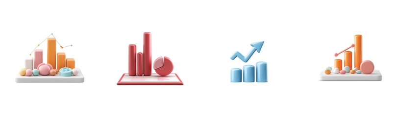 Colorful 3d graphs and charts displaying business and financial data trends and analysis