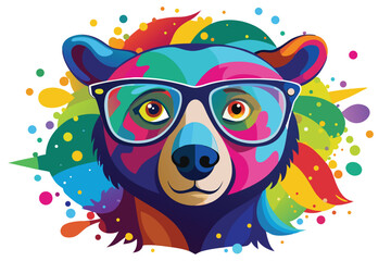 Colorful artistic bear in eyeglasses with colorful paint splatters on white background.
