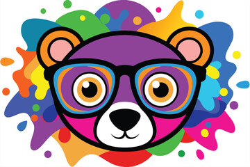 Colorful artistic bear in eyeglasses with colorful paint splatters on white background.