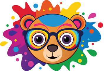 Colorful artistic bear in eyeglasses with colorful paint splatters on white background.