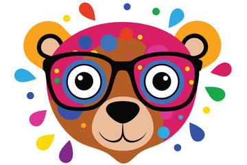 Colorful artistic bear in eyeglasses with colorful paint splatters on white background.