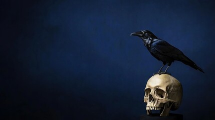   A raven perched atop a skeleton resting upon a wooden effigy of a human head