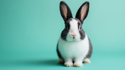 Obraz premium Fluffy black-and-white bunny, calmly sitting on a pastel green minimalist backdrop