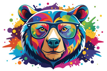 Colorful artistic bear in eyeglasses with colorful paint splatters on white background.