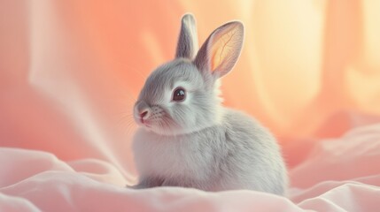 Fluffy gray rabbit, gently positioned on a soft pastel peach backdrop 
