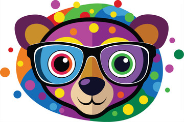 Colorful artistic bear in eyeglasses with colorful paint splatters on white background.