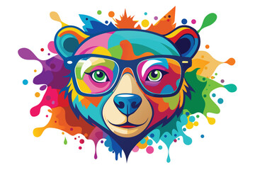 Colorful artistic bear in eyeglasses with colorful paint splatters on white background.