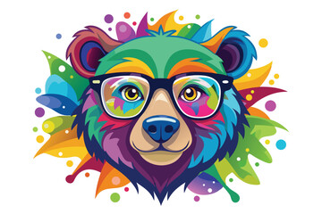 Colorful artistic bear in eyeglasses with colorful paint splatters on white background.