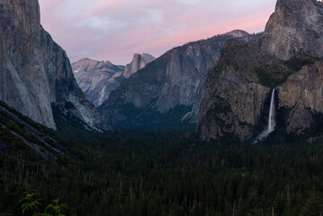 The Yosemite Valley at the entrance to the National Park.  With Bridalveil waterfall visible at sunset.