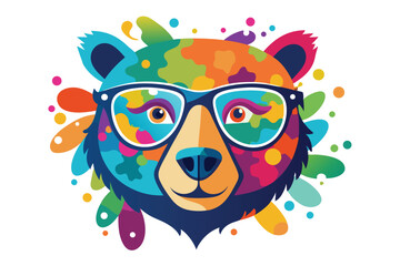 Colorful artistic bear in eyeglasses with colorful paint splatters on white background.