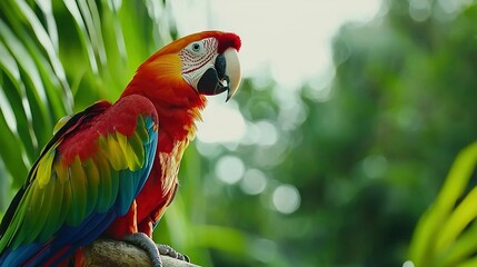   A vibrant parrot perched atop a tree limb amidst a verdant canopy of palm leaves