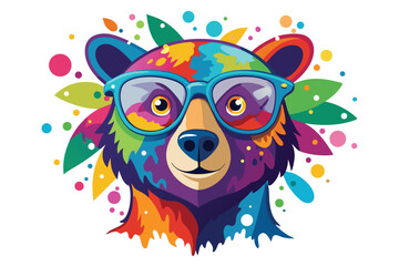 Colorful artistic bear in eyeglasses with colorful paint splatters on white background.