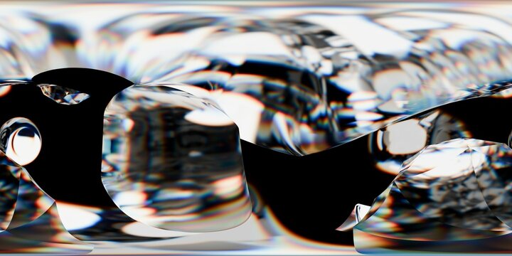 360&deg; HDRI abstract environment with distorted glass-like shapes and prismatic light effects. A surreal, high-contrast scene perfect for reflections, sci-fi, or artistic visualizations