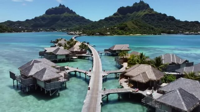 Stunning Drone View Over Overwater Bungalows and Turquoise Lagoon in Bora Bora