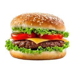 Delicious burger with fresh ingredients on white background