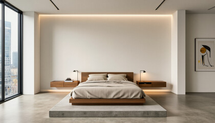 Modern interior design architecture photography: This interior photograph showcases a minimalist bedroom featuring a platform bed centered against a stark white wall illuminated by recessed lighting