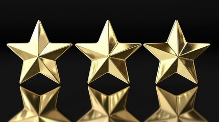 Obraz premium Elegant set of three shiny golden five-pointed stars with detailed reflections on a smooth black surface, arranged horizontally against a deep black background, representing