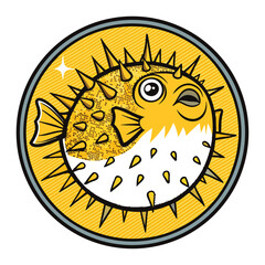 A comical cartoon pufferfish inflates dramatically within a speech bubble oval, vibrant colors, exaggerated features.