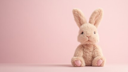 Fluffy tan bunny with long ears, sitting against a light pink plain background 