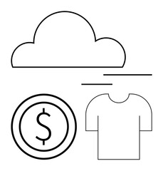 Cloud icon, dollar coin, and t-shirt line drawings emphasize technology, e-commerce, and fashion. Ideal for data solutions, online shopping, cost management, clothing industry finance tools digital