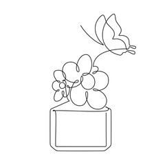 Hand drawn perfume bottle vector. Floral one line continuous drawing. Butterfly flower linear illustration, minimal icon, print, banner, card, wall art poster, brochure, doodle, fragrance, spray	