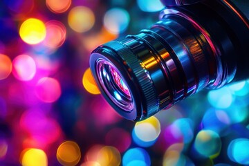Capturing the essence of creativity with a vibrant camera lens in colorful bokeh