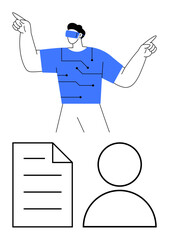 Individual wearing virtual reality headset pointing upward, blue tech-themed shirt, document icon, user profile. Ideal for VR innovation, tech integration, virtual work, user interface, automation