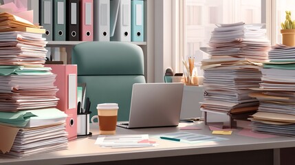Office desk overloaded with paperwork, a laptop, and a coffee cup creates a busy atmosphere.