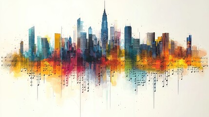 Obraz premium Symphony of the City: A Watercolor Cityscape with Musical Notes