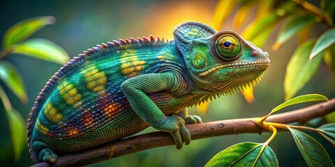 Fototapeta premium Vibrant Chameleon Perched on a Branch, Basking in the Warmth of Sunlight Among Lush Green Foliage