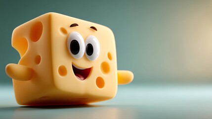 Charming animated cheese character with holes smiles brightly against a pastel colored backdrop.