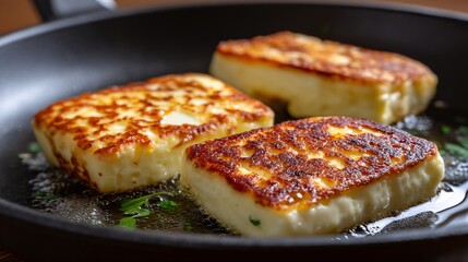 Three perfectly fried slices of halloumi cheese in a pan, ready to be savored and enjoyed.