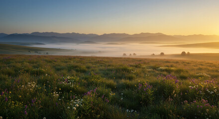 Naklejka premium Panoramic sunrise view of a lush green valley with morning mist, blooming wildflowers, and distant mountains. Soft golden light and natural depth create a serene, hyper-realistic nature landscape.