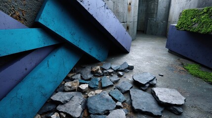 Modern architectural scene with blue and purple concrete blocks, moss-covered planters, and scattered rocks in an outdoor courtyard