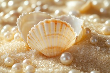 Beautiful light colored pearlescent shells and pearls lay on the yellow clean beach sand
