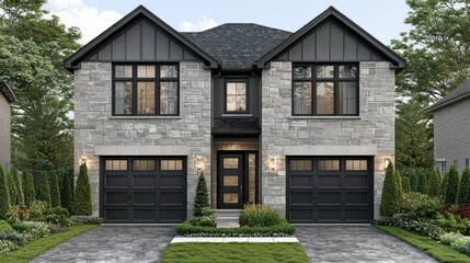 Modern duplex house with stone facade and black details