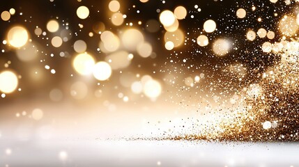   A snow-covered ground with snowflakes in the foreground and blurry lights in the background