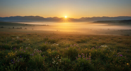 Panoramic sunrise view of a lush green valley with morning mist, blooming wildflowers, and distant mountains. Soft golden light and natural depth create a serene, hyper-realistic nature landscape.