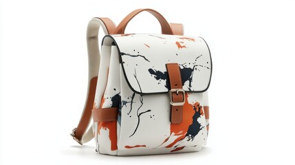 Trendy white backpack with artistic graphic prints, adjustable shoulder straps, and water-resistant fabric, isolate on white background