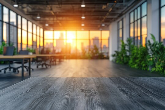 Modern open-plan office space with city views.  Empty wooden table in foreground