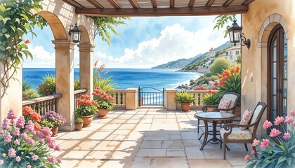 Fototapeta premium Watercolor view from a stone terrace with flowers, a table and chairs overlooks the sea and mountains on a sunny day. Serene seascape.