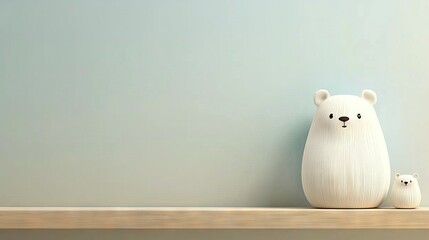   Two white bears perched atop wooden shelf near infant's pacifier against azure backdrop