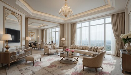A luxurious living room exudes elegance with plush furniture, abundant natural light, and a blend of classic design and modern amenities.