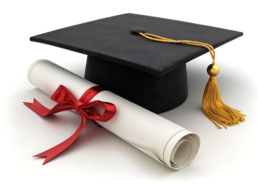 A graduation cap and diploma tied with a red ribbon on a white surface symbolizing achievement  isolated on a transparent background Png
