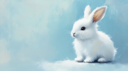 Obraz premium Fluffy white bunny with tiny paws, positioned on a soft pastel blue background 