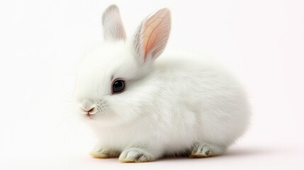 Obraz premium Fluffy white rabbit with a serene expression, isolated on a pale pink plain backdrop 