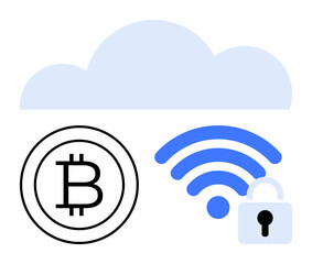 Cloud representing data storage, bitcoin for cryptocurrency, wireless with padlock for security. Ideal for technology, finance, communication, blockchain, networking privacy innovation. Flat simple