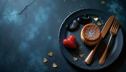 Father's Day concept. Flat lay top view of plate, cutlery, knife, fork, black mustache and hearts on blue background with space for text or promotion and greeting message, created with generative ai